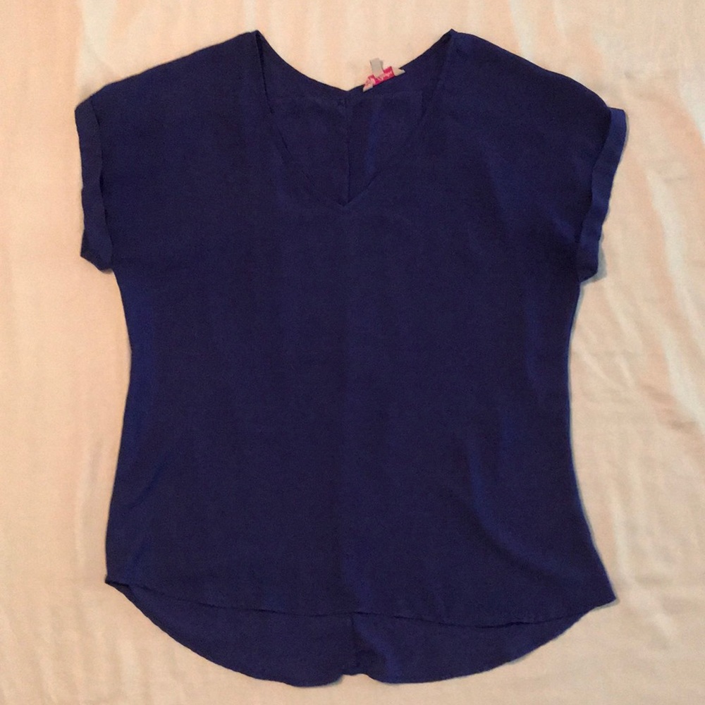 Blue Polyester V-Neck Blouse